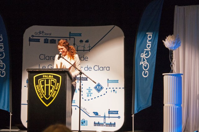 Clara Hughes speaking at the Women and Wellness event at Fredericton High School, 8th April 2014.
